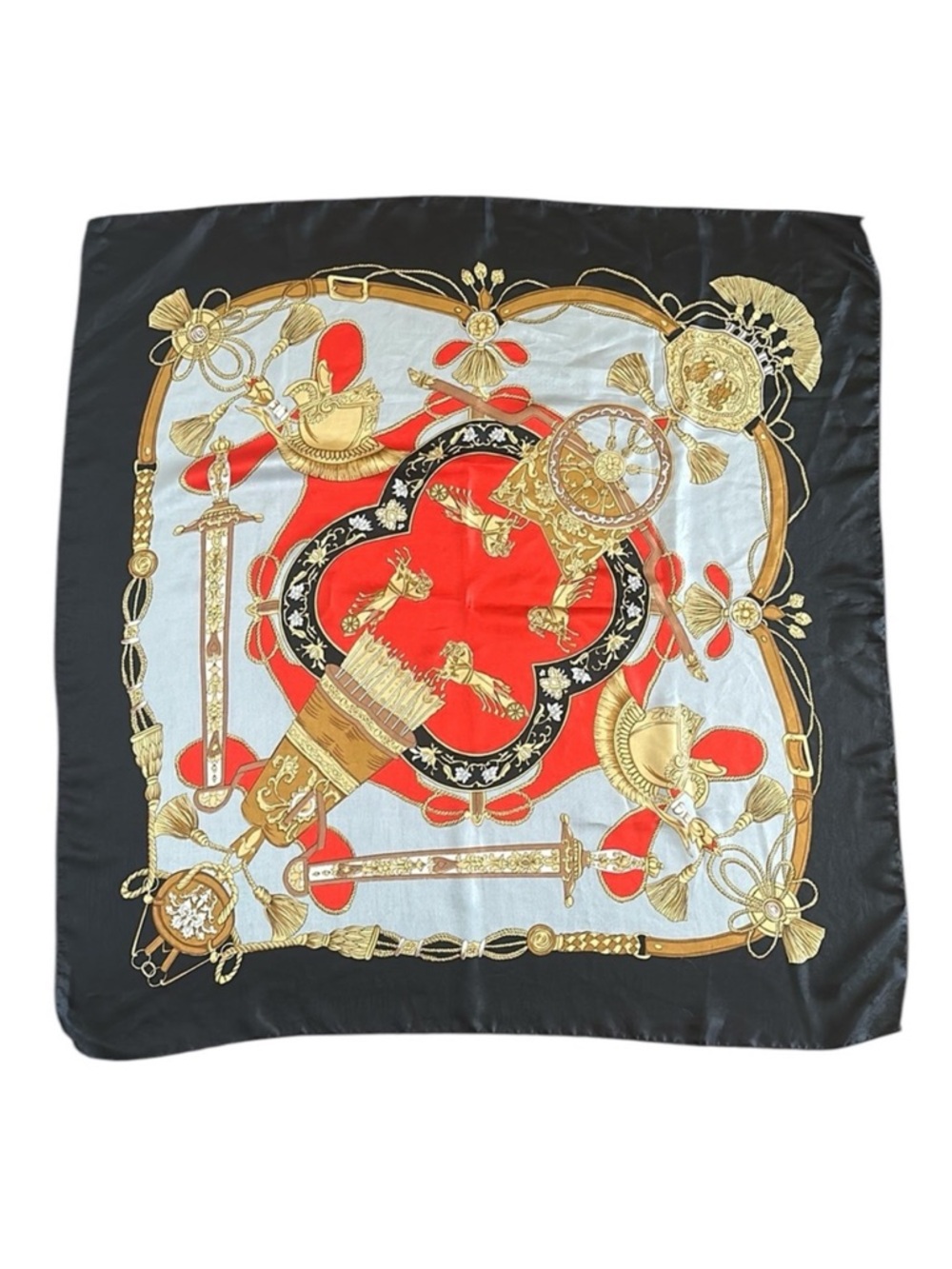 Satin Square Scarf Foulard Equestrian Roman Themed Red Gold Black